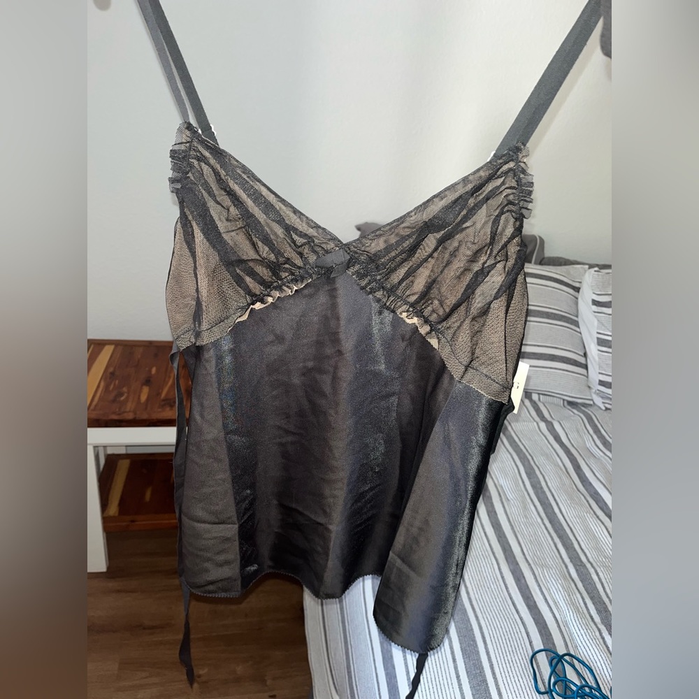 NWT Very Wang Black Ruffled Net Sexy Belted Negligee Chemise Top Size Medium